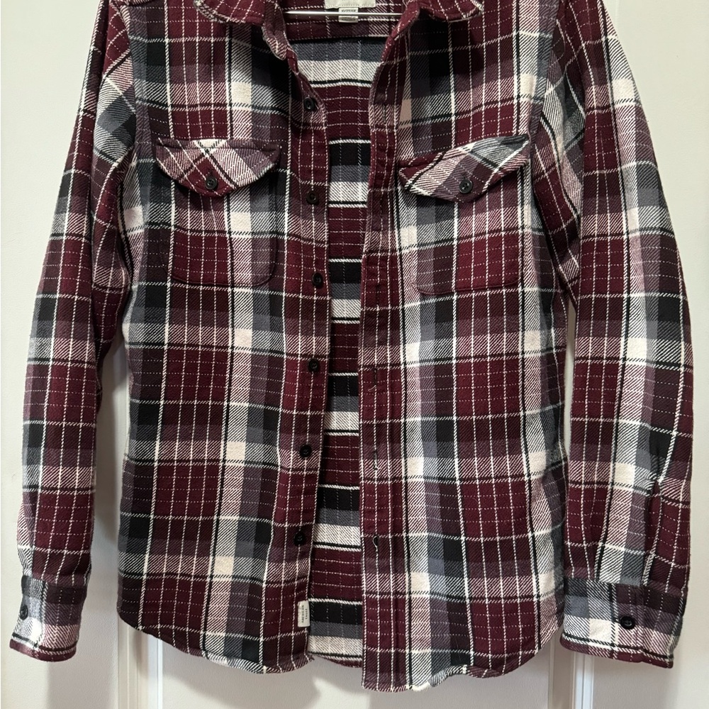 American Eagle burgundy plaid button up the front flannel X small unisex pit 20